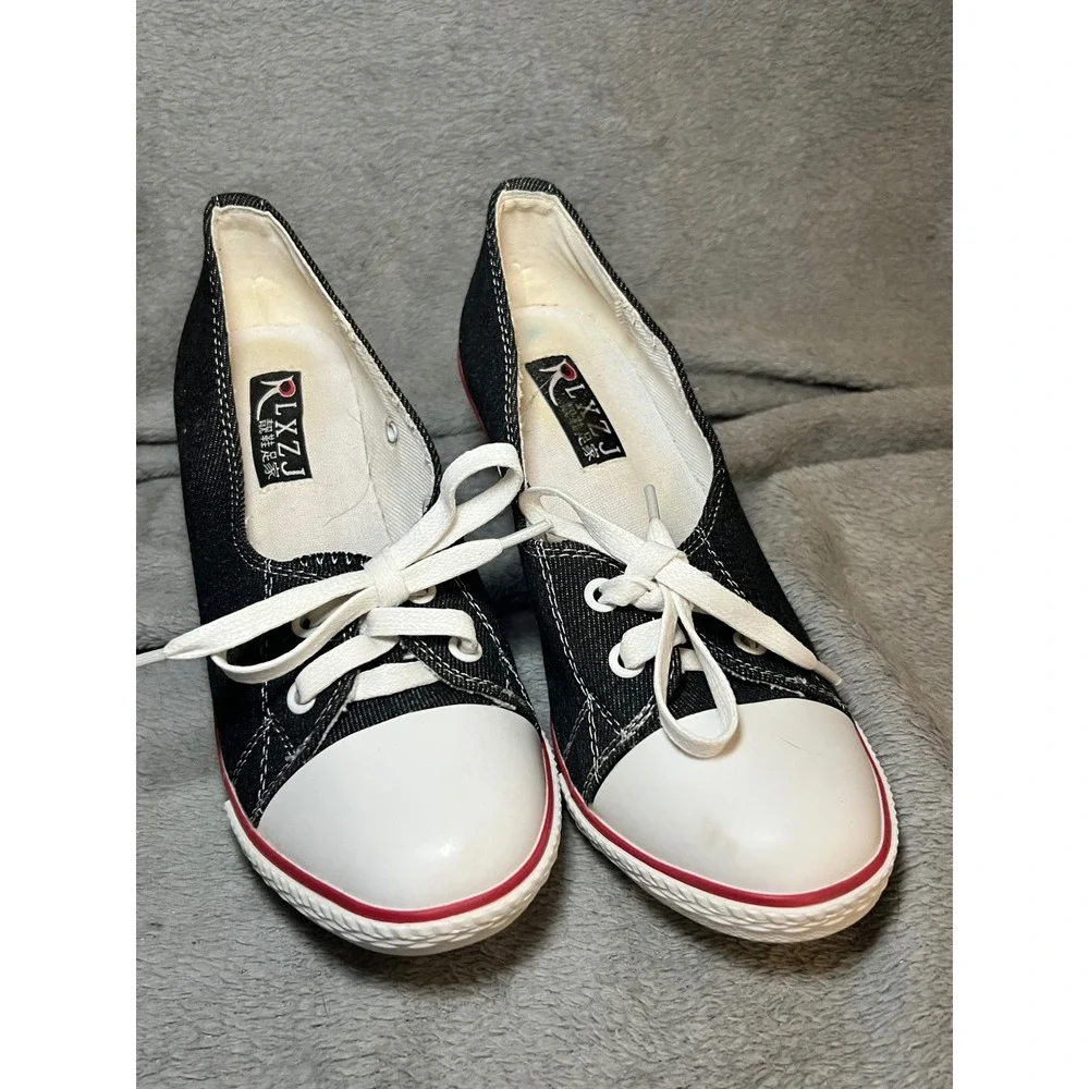 RLXZJ Black Denim Canvas Sneaker Stiletto Heels Lace Up Pumps Size 39 Y2K Sporty